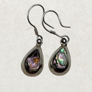 Vintage Sterling Silver Teardrop Dangle Earrings with Abalone Shell Inlay